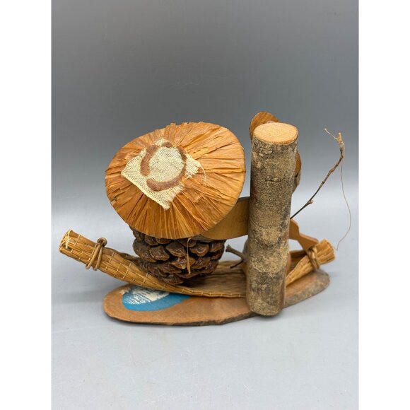 Vtg Koskeshi Handcrafted Pinecone Fisherman Figurine Hat Boat Japan - Picture 4 of 7